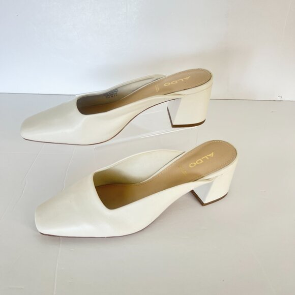 Sz 7.5 Aldo Brerwen White Leather Square Toe Block Heel Slip On Mule Shoes - Picture 2 of 15